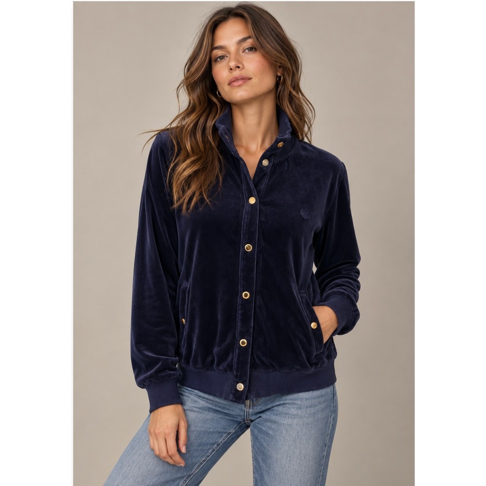 Vtg Lauren Ralph Lauren Velour Bomber Jacket XL Navy Blue Gold Button Y2K Preppy